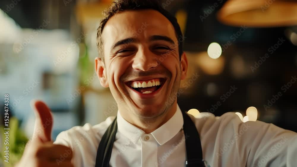 Smiling Barista Gives Thumbs Up in Cafe