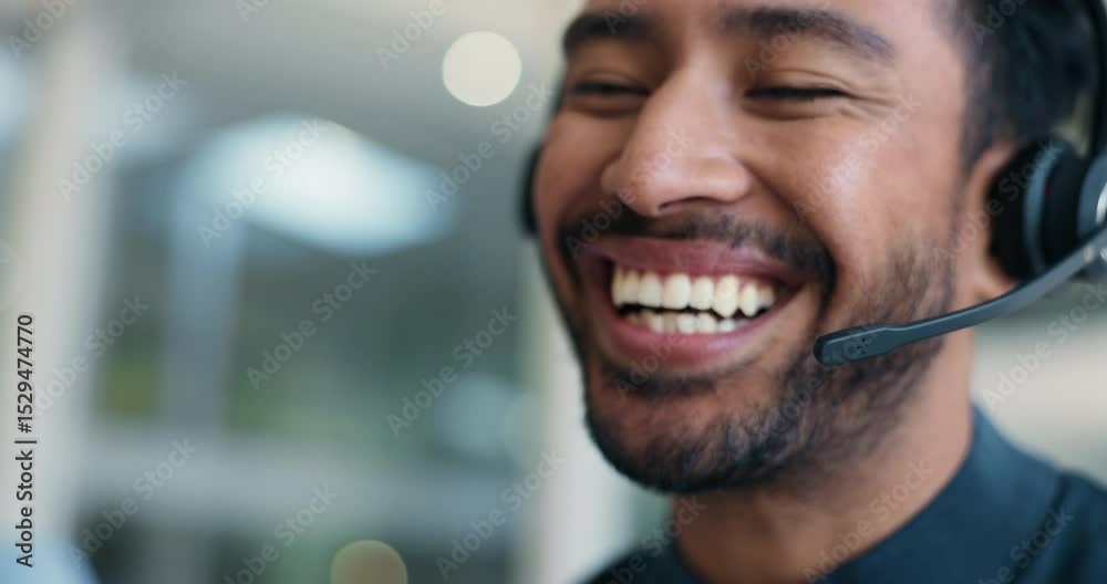 Call center, face and happy business man talking for customer service, help desk and advice. Contact us, consultant speaking and communication with headset for virtual assistance, FAQ and support