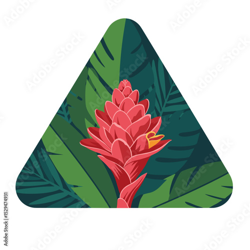 Red ginger flower over green triangle background