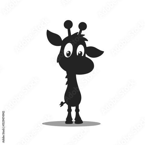Minimalist Cartoon Giraffe Black Silhouette Vector with Big Eyes and Long Neck on White Background