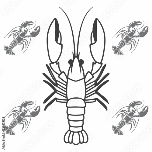 Lobster silhouette design with four smaller lobsters isolated on white background