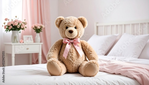 Teddy bear on bedroom bed.