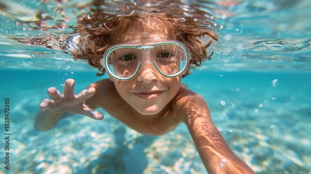 Fototapeta premium A joyful boy immersed in clear water, wearing goggles while swimming, showcasing a delightful summer experience. A moment of pure fun and adventure under the sun.