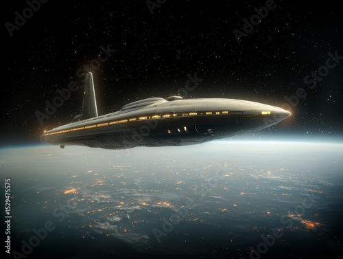 Spaceship soaring above breathtaking planet journey through the vast cosmos