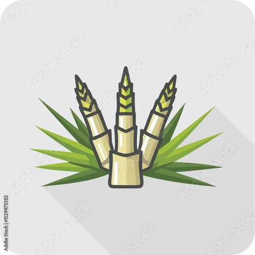 Bamboo Shoots with Green Leaves Illustration on Gray Background.