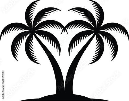 Silhouettes of palm trees on a tropical beach during sunset with ocean and island view