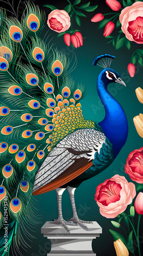 Artistic illustration of a regal peacock with vibrant feathers surrounded by colorful blooming flowers, embodying beauty, grace, and nature's elegance.