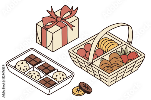 Assorted snacks and gourmet gift hamper illustration