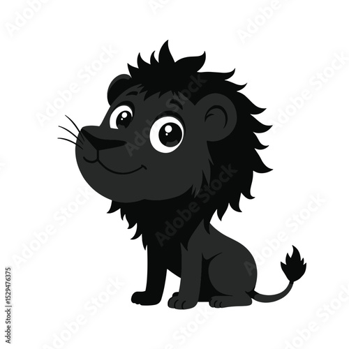 Minimalist Cartoon Lion Black Silhouette Vector with Big Eyes and Mane on White Background