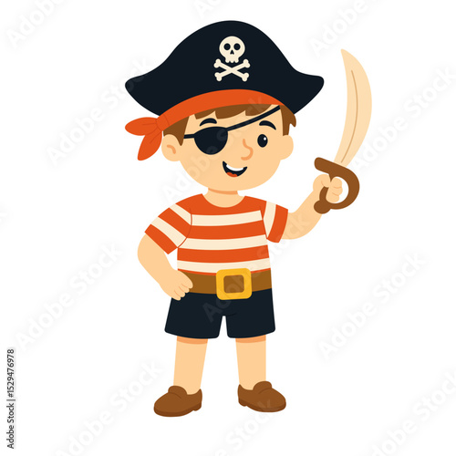 Pirate boy cartoon illustration. Cute kids pirate costume. Playful young buccaneer