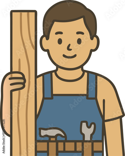 Flat icon of a carpenter with tool belt and wooden plank. Cartoon flat vector design on transparent background