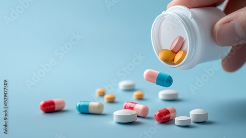 Hand holding pill bottle healthcare medical supplements and treatment options