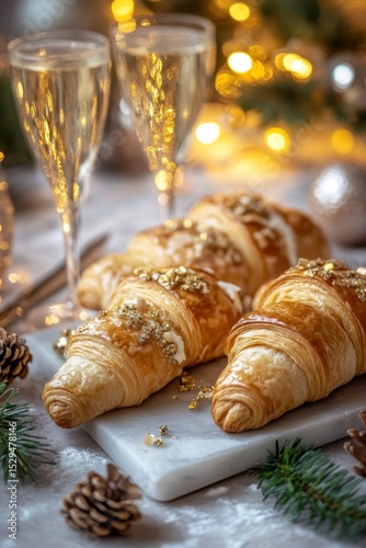 Festive Croissants with Champagne Glasses and Holiday Decorations
