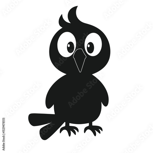 Minimalist Cartoon Parrot Black Silhouette Vector with Big Eyes and Curved Beak on White Background