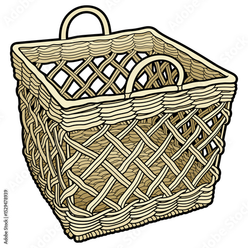Cartoon hand drawn wicker basket isolated on white background. Vector doodle illustration	