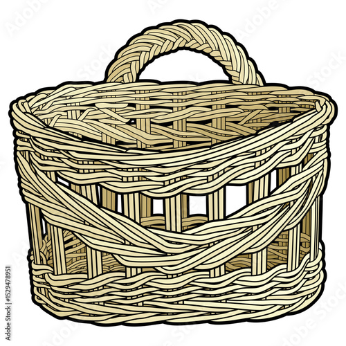 Cartoon hand drawn wicker basket isolated on white background. Vector doodle illustration	