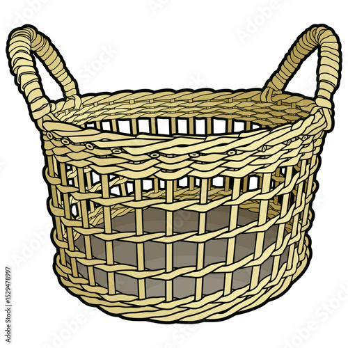 Cartoon hand drawn wicker basket isolated on white background. Vector doodle illustration	