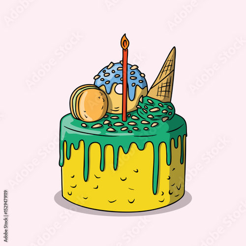 Hand-drawn birthday cake with candle and sweets