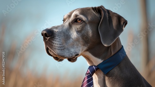 Portrait of a Gray Large Breed Dog in a Striped Necktie