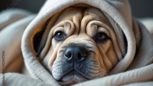 Tan Dog Snuggled in Beige Hooded Blanket