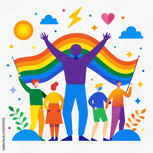 National Coming Out Day Vector Illustration with Rainbow Flag and Diverse Silhouettes on White Background