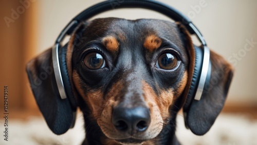 Close Up Portrait Of Dachshund Dog Wearing Headphones