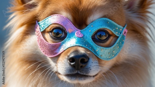 Close Up Portrait of Small Dog in Pink and Blue Mask