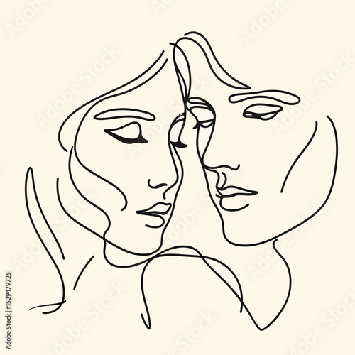 Minimalist Line Art Romantic Couple Face – Modern Wall Art Illustration