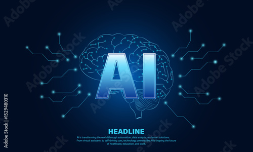 Futuristic AI chip with glowing circuits, neural network concept, modern technology background.