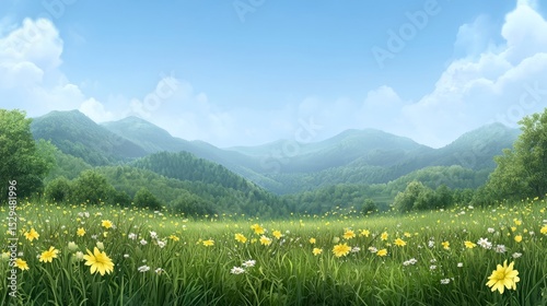 Breathtaking mountain vista wildflower meadow in full bloom with majestic peaks