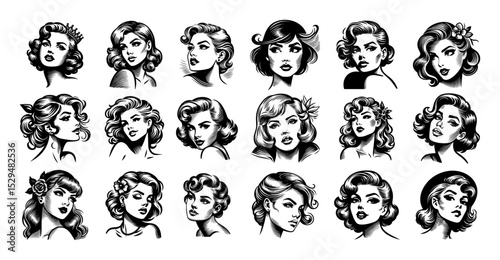 vintage pinup woman face illustration set