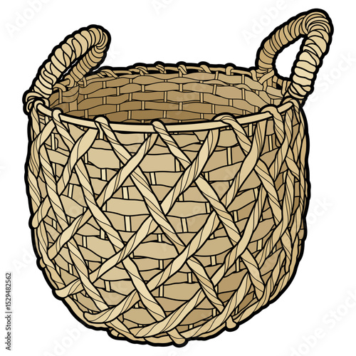 Cartoon hand drawn wicker basket isolated on white background. Vector doodle illustration	