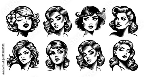 glamorous retro woman head vector pack