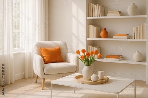 Cozy and modern reading nook with vibrant oranges, soft seating, and peaceful ambiance