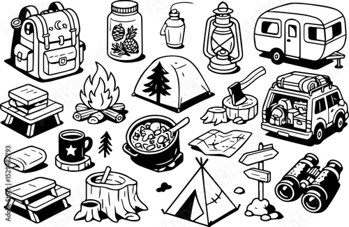 Isometric hand-drawn black and white sketch of camping essentials including gear, vehicles, food, tools, tent, map, and forest elements—perfect for outdoor, travel, and adventure themes