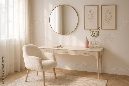 Elegant home office with neutral tones  stylish furniture  and modern lighting