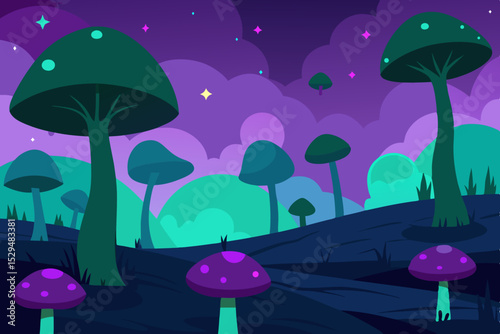 Enchanted mushroom forest at night