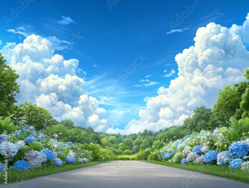 Scenic road through vibrant wildflowers and lush trees journey into nature beauty