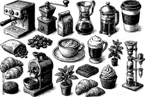 A detailed isometric black and white sketch of coffee items including an espresso machine, grinder, beans, croissants, cups, coffee plants, and barista tools—rich in texture and vintage café vibes