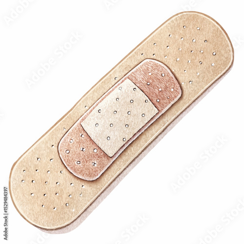 Illustrated beige adhesive bandage in a textured style, in brown and white colors, for covering small wounds and cuts, with copy space.