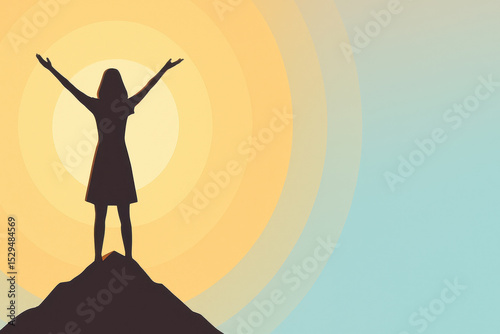 Silhouette of woman standing triumphantly on mountain peak with arms raised against vibrant sunrise background, symbolizing achievement and empowerment