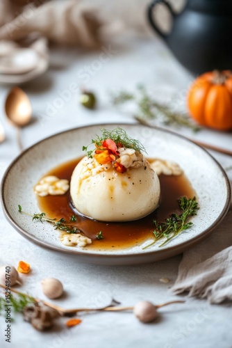 Elegant Dessert with Custard, Syrup, and Fresh Herbs on Plate
