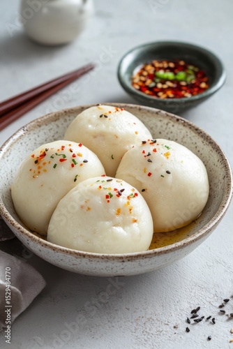 Delicious steamed buns with colorful toppings in a contemporary bowl