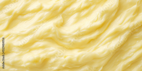 Creamy, smooth yellow substance with a swirling texture spread across the surface. Concept: Creamy texture and rich, buttery consistency