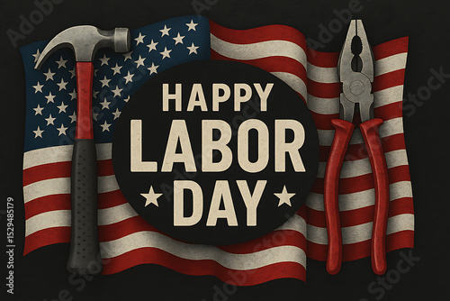 Happy labor day with american flag and tools background