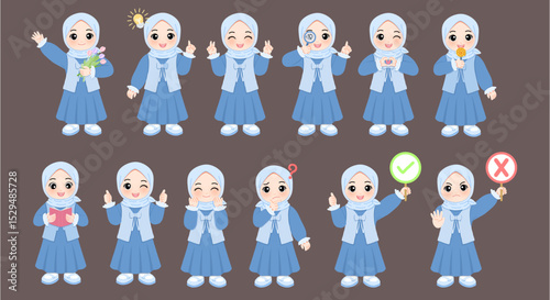 Set of Cute little muslim girl Daily activities and gesture and expression. Cartoon stickers. Kawaii vector style collection