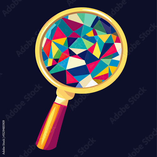 Colorful polygonal magnifying glass vector illustration with geometric shapes and vibrant abstract mosaic pattern on dark background digital art
