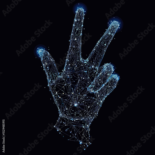 Futuristic digital hand gesture composed of glowing blue network nodes and lines in space style on black background representing universal connection and technology