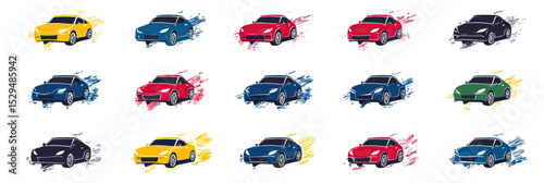 Set of colorful sporty cars with dynamic speed lines flat vector icons collection for automotive car wash logos and transport design elements