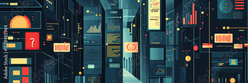 Data center server racks with digital security icons and network data visualization in dark futuristic technology environment detailed flat vector illustration design concept